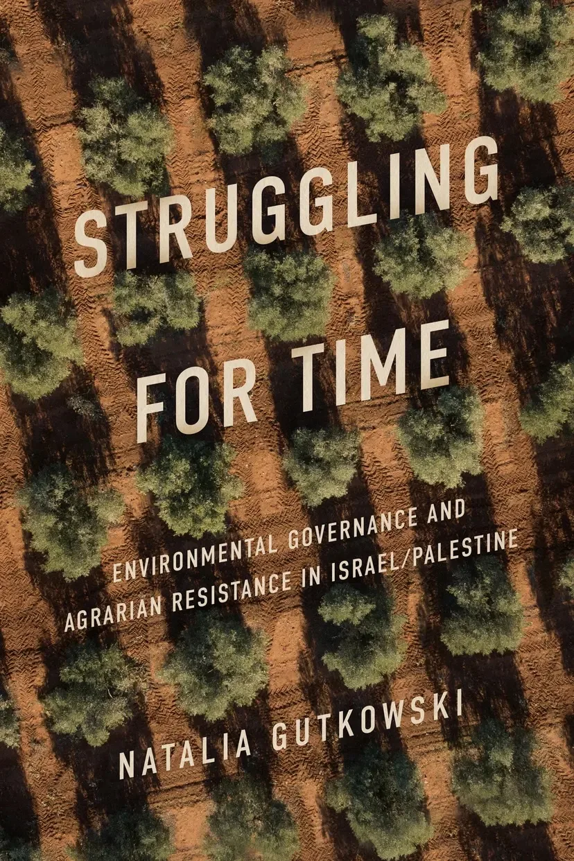 The cover of the book Struggling for Time with a grid of trees as viewed from above in the background